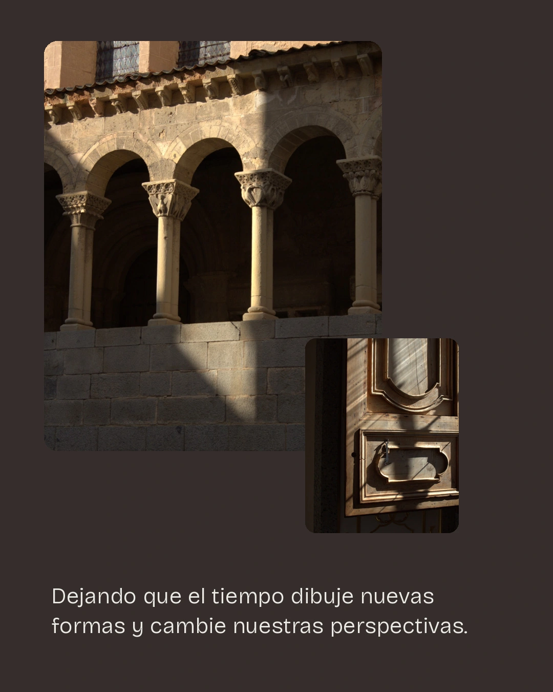 Munya Studio · Una galería de arcos de piedra y un detalle interior comparten composición.