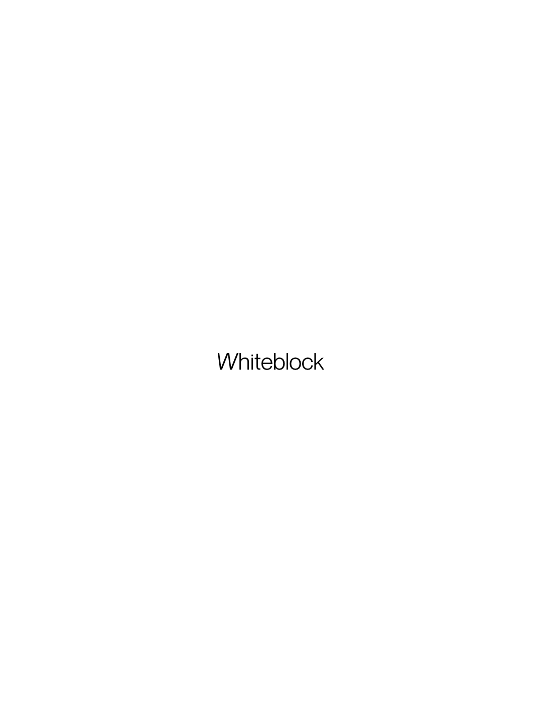 Wordmark de Whiteblock centrado sobre fondo blanco, la lámina de cierre original.
