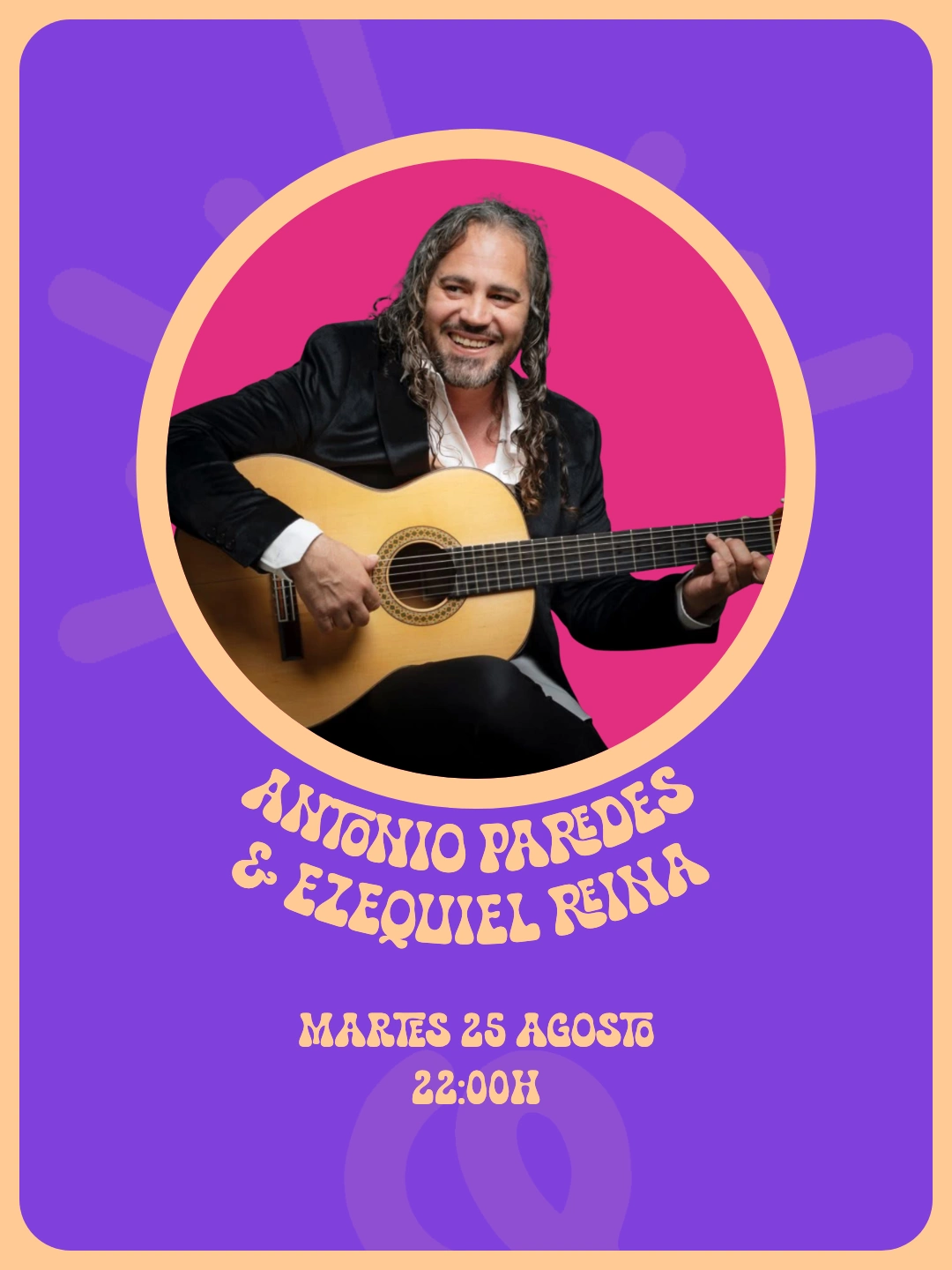Cartel de Zaraho para Antonio Paredes y Ezequiel Reina del martes 25 de agosto, con retrato y guitarra dentro de un círculo rosa.