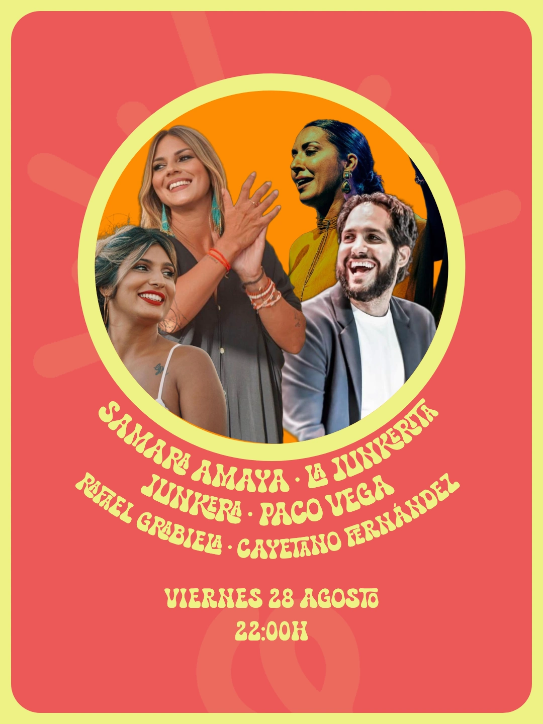 Cartel de Zaraho para el viernes 28 de agosto, con cinco retratos de artistas sobre fondo coral.